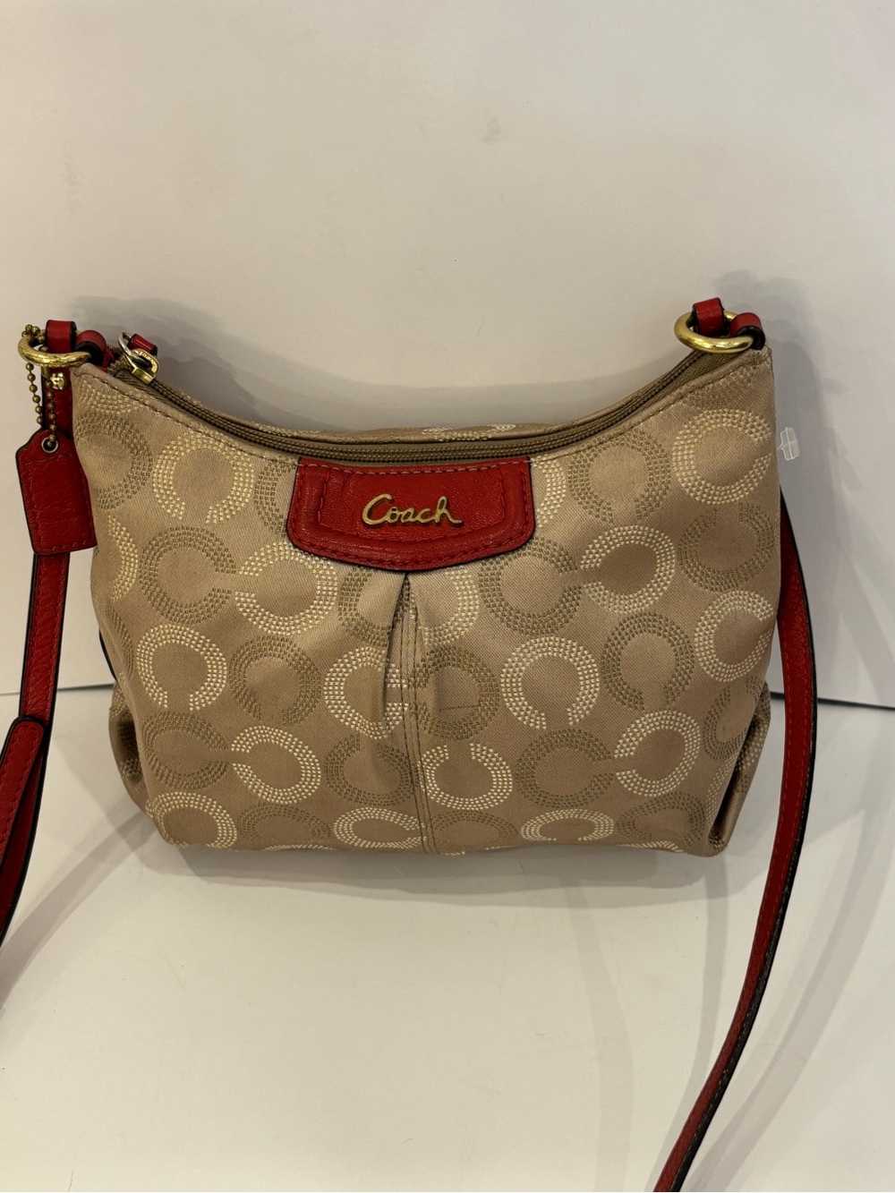 Coach Beige Signature Crossbody with Red Trim